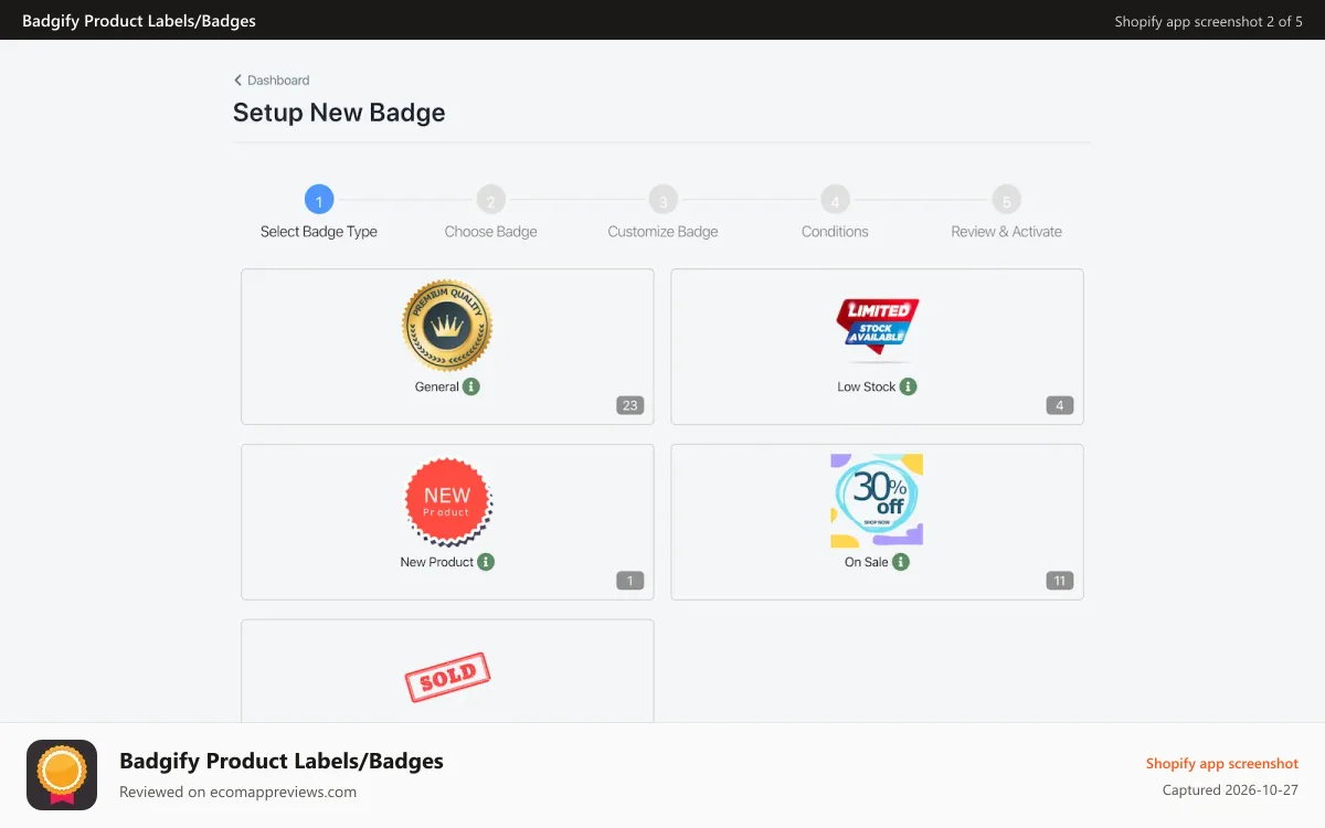 Badgify Product Labels/Badges Shopify app screenshot: Badgify Badge Types