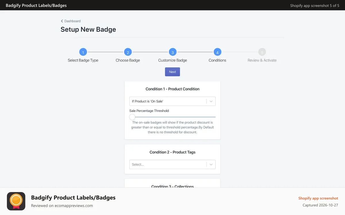 Badgify Product Labels/Badges Shopify app screenshot: Badgify Badge Conditions