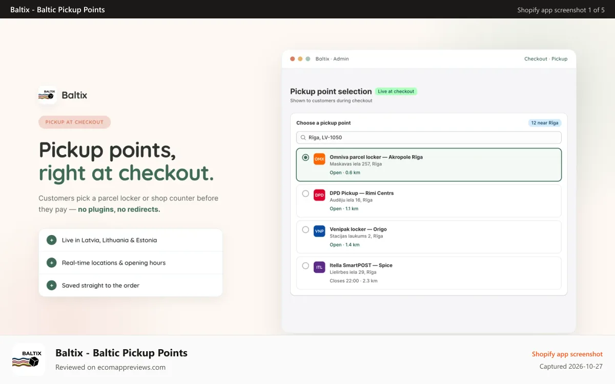 Baltix ‑ Baltic Pickup Points Shopify app screenshot: Pickup point selection shown at Shopify checkout