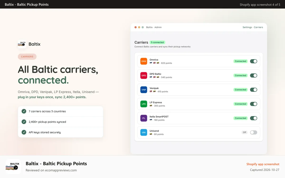 Baltix ‑ Baltic Pickup Points Shopify app screenshot: Baltic carriers connected: Omniva, DPD, Venipak, more