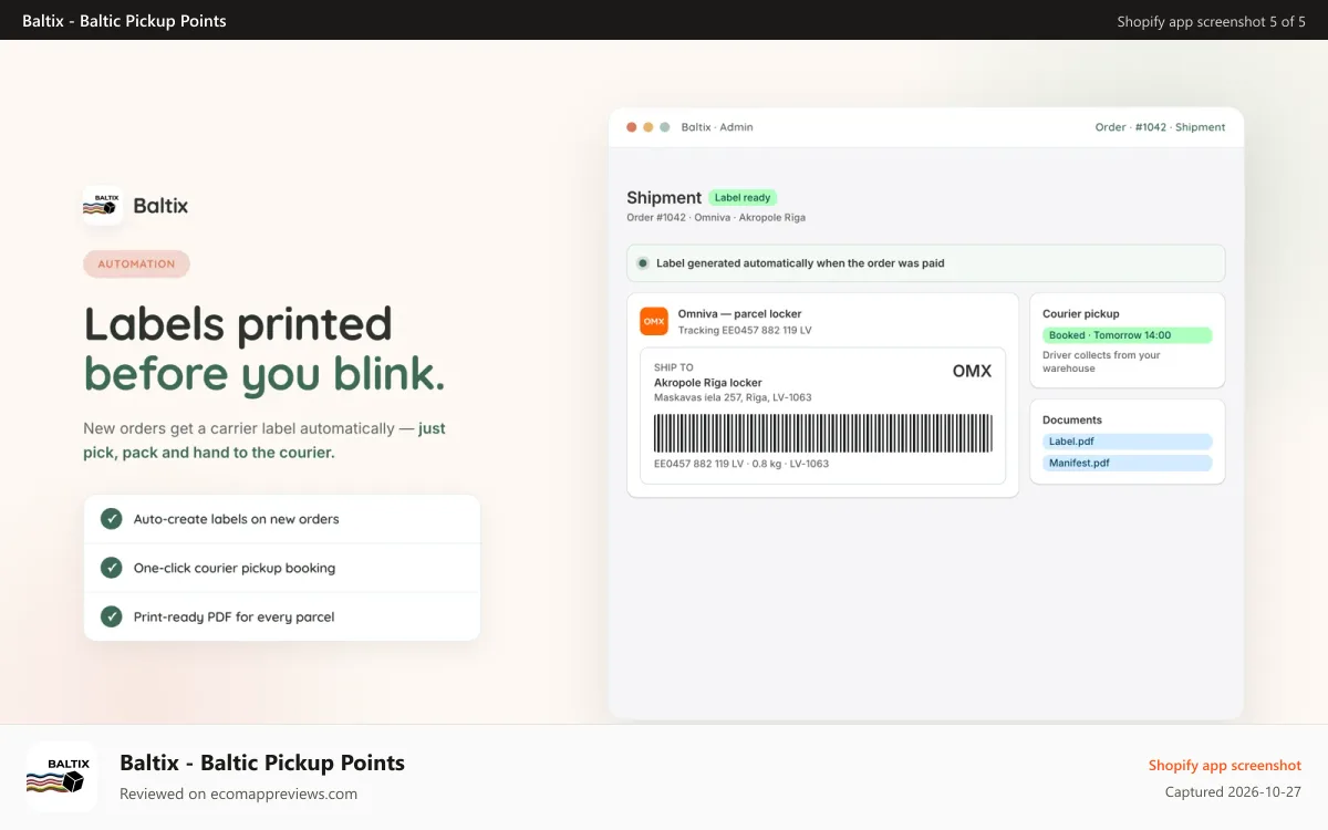 Baltix ‑ Baltic Pickup Points Shopify app screenshot: Auto-generated shipping label and courier pickup