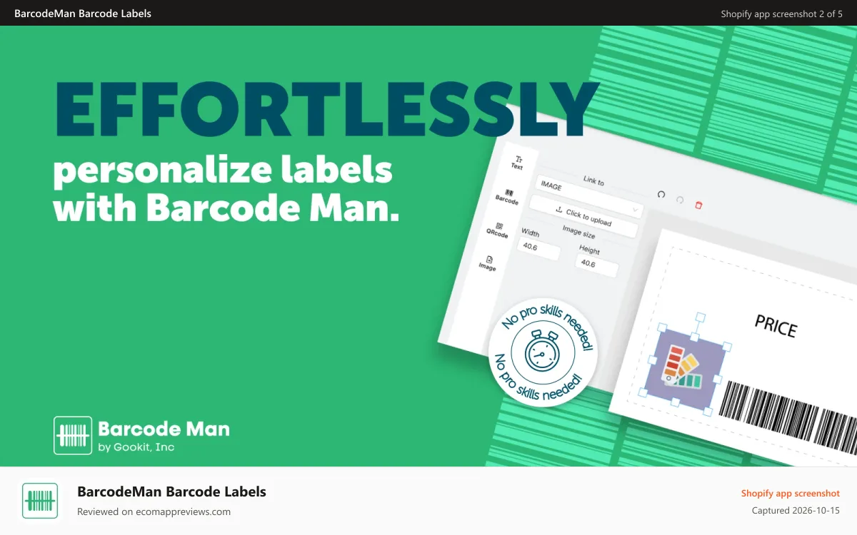 BarcodeMan Barcode Labels Shopify app screenshot: Create retail barcode labels easily
