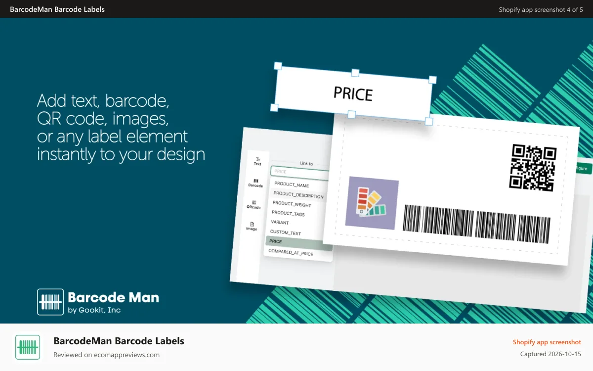 BarcodeMan Barcode Labels Shopify app screenshot: Simple label editor