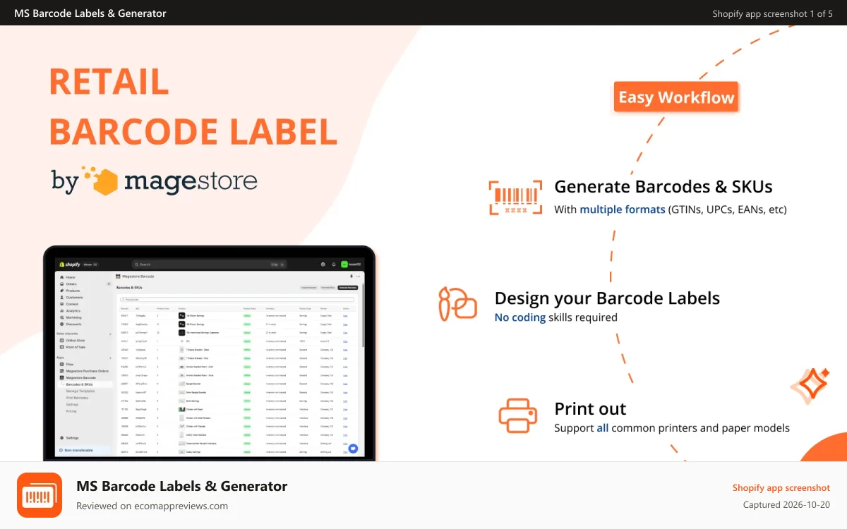 MS Barcode Labels & Generator Shopify app screenshot: Magestore Retail Barcode Label