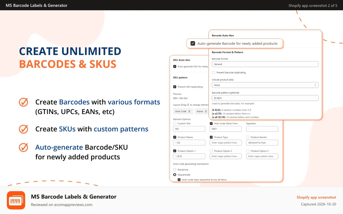 MS Barcode Labels & Generator Shopify app screenshot: Generate unlimited Barcodes & SKUs