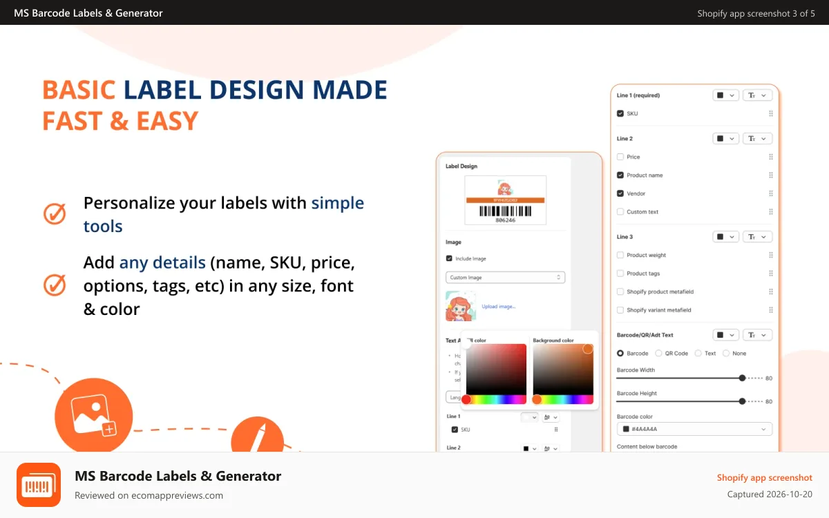 MS Barcode Labels & Generator Shopify app screenshot: Fast and easy barcode label designer
