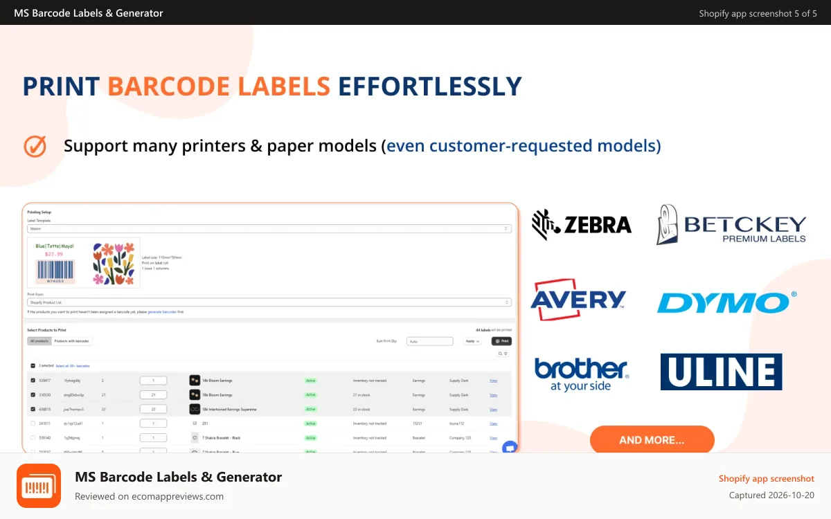 MS Barcode Labels & Generator Shopify app screenshot: Print barcode label effortlessly