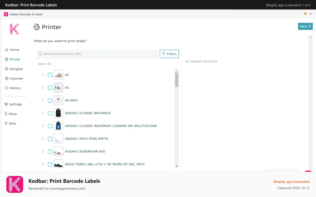 Kodbar: Print Barcode Labels Shopify app screenshot: barcode-Manager-print-codebar-printer-labels-barcodes
