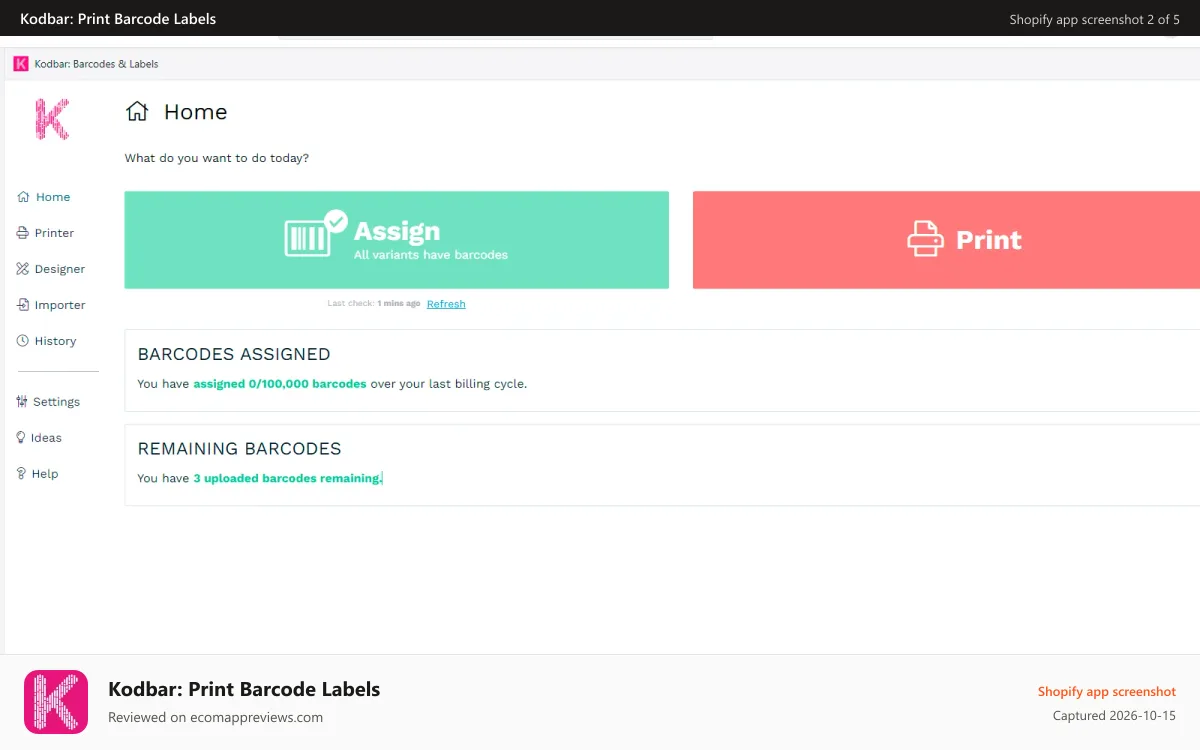 Kodbar: Print Barcode Labels Shopify app screenshot: barcode-Manager-print-codebar-printer-labels-Dashboard-barcodes