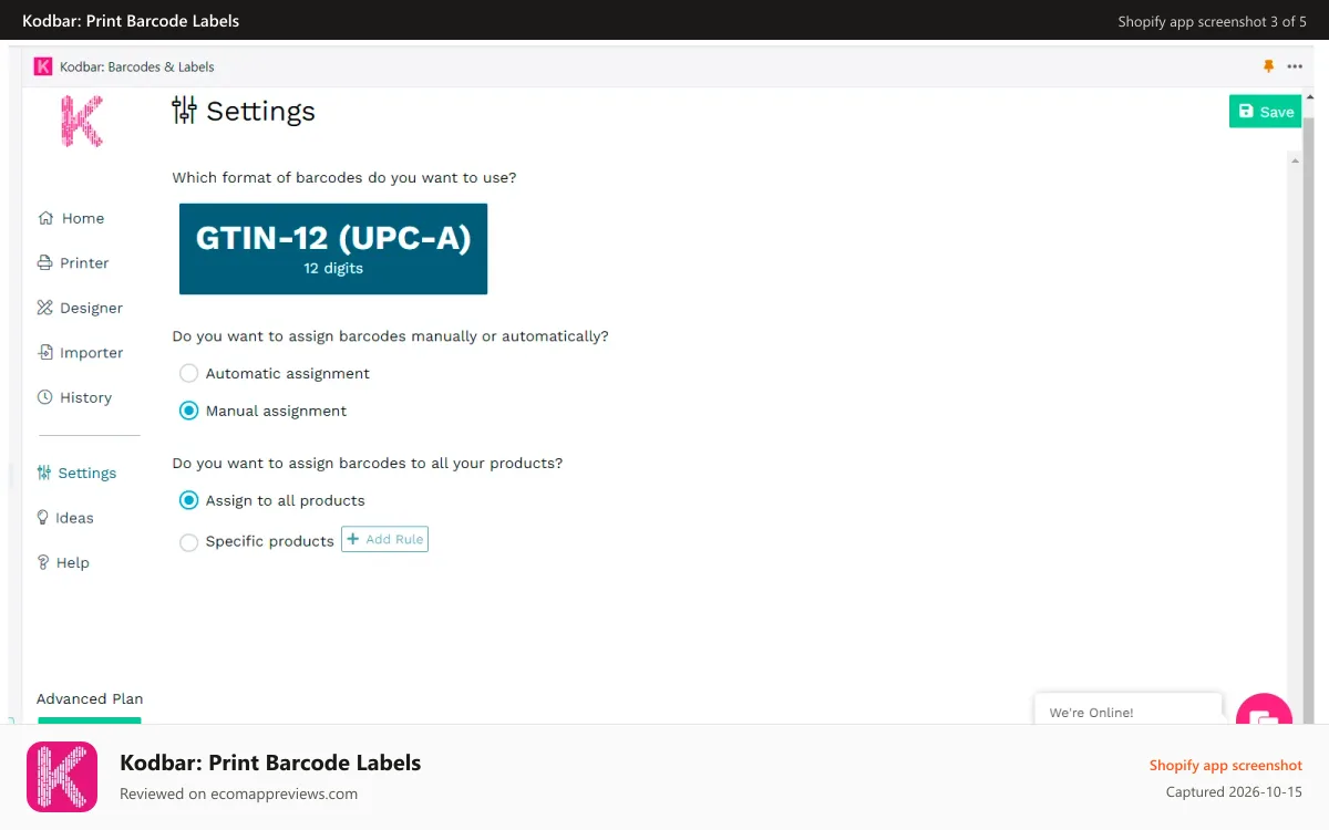 Kodbar: Print Barcode Labels Shopify app screenshot: barcode-Manager-print-codebar-printer-labels-settings-barcodes