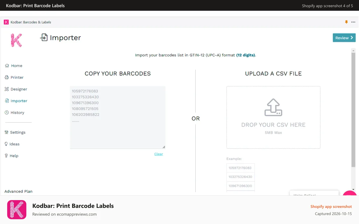 Kodbar: Print Barcode Labels Shopify app screenshot: barcode-Manager-print-codebar-printer-labels-CSV-Upload-barcodes