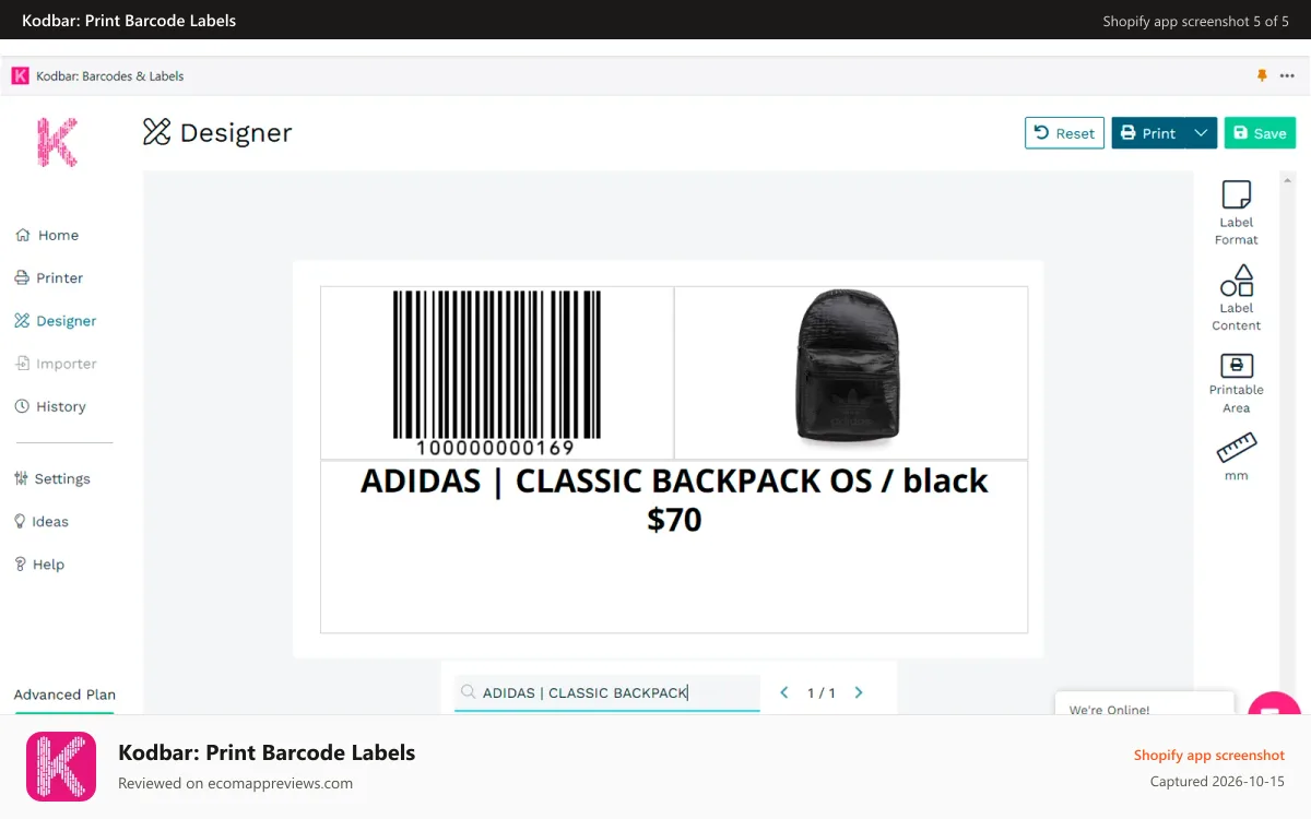 Kodbar: Print Barcode Labels Shopify app screenshot: barcode-Manager-print-codebar-barcodes-printer-labels-Designer