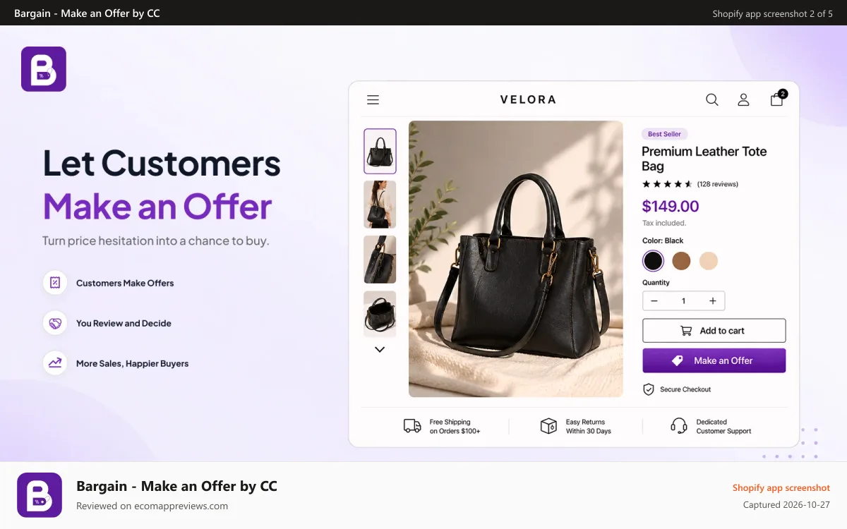 Bargain ‑ Make an Offer by CC Shopify app screenshot: Make an Offer and bargain on product pages with more shoppers