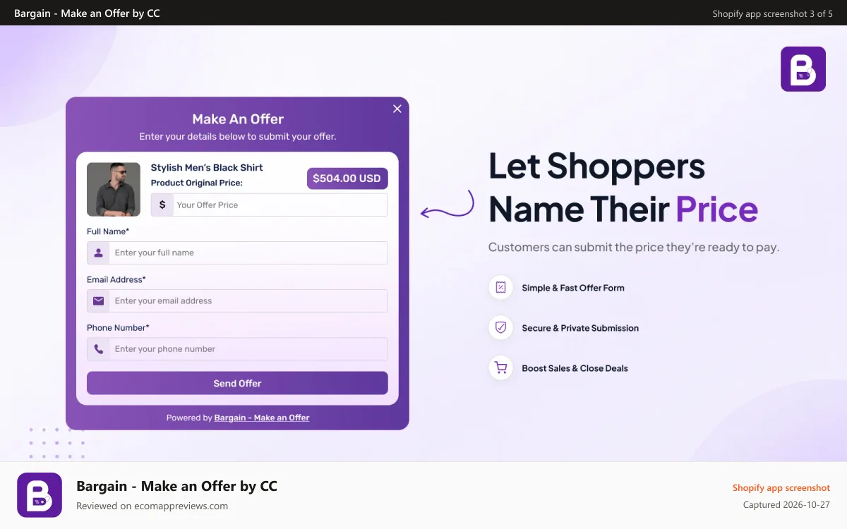 Bargain ‑ Make an Offer by CC Shopify app screenshot: Make an Offer form where shoppers bargain and name their price