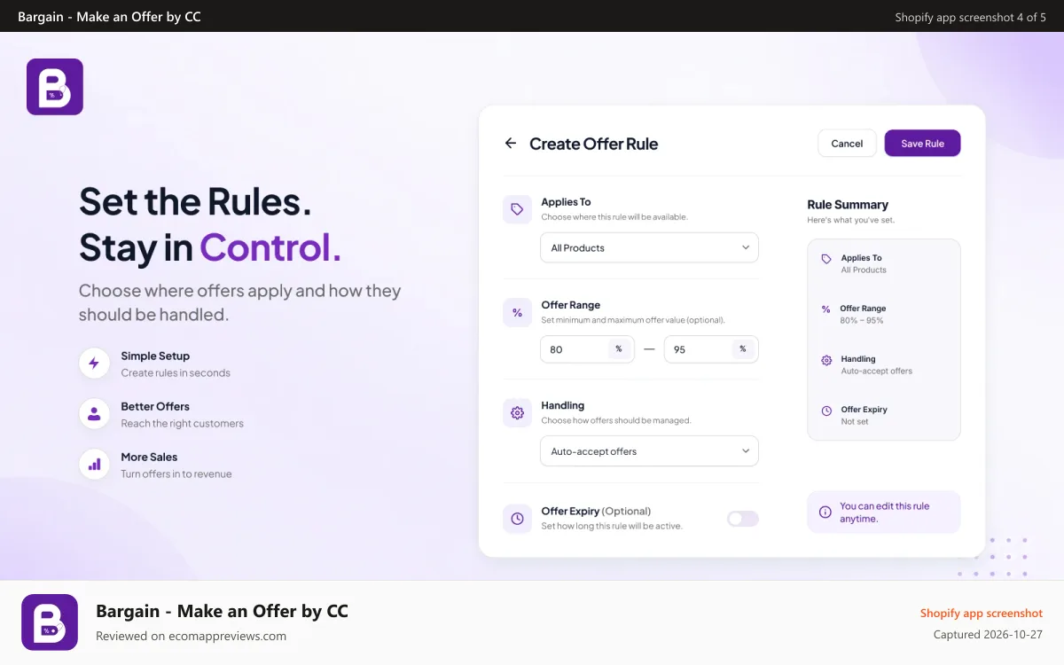 Bargain ‑ Make an Offer by CC Shopify app screenshot: Make an Offer bargain rules with controls and simple rule setup