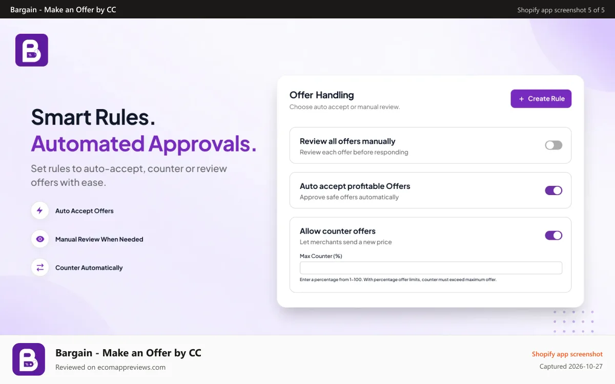 Bargain ‑ Make an Offer by CC Shopify app screenshot: Make an Offer bargain rules with auto accept and counter offers
