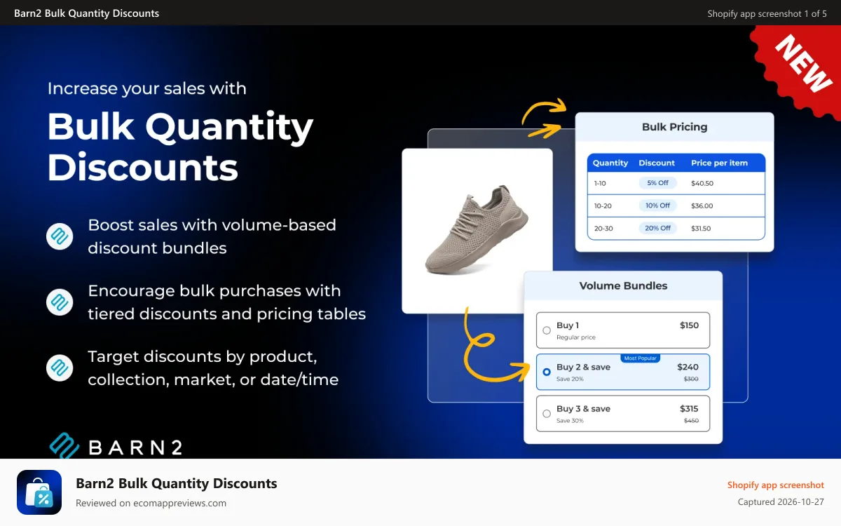 Barn2 Bulk Quantity Discounts Shopify app screenshot: Bulk quantity discounts and volume bundles on a product page