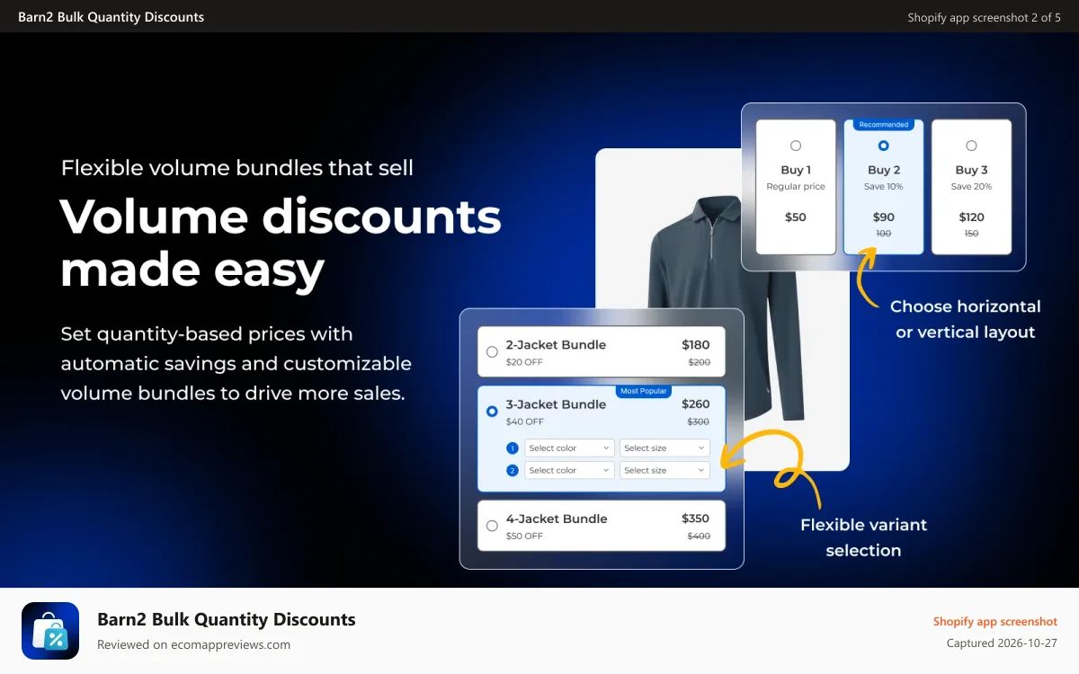 Barn2 Bulk Quantity Discounts Shopify app screenshot: Tiered bulk pricing table with quantity breaks