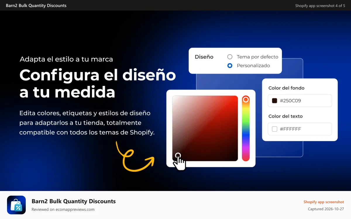 Barn2 Bulk Quantity Discounts Shopify app screenshot: Customizing discount colors and labels to match a theme