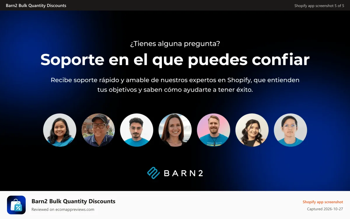 Barn2 Bulk Quantity Discounts Shopify app screenshot: Barn2 support team behind Bulk Quantity Discounts