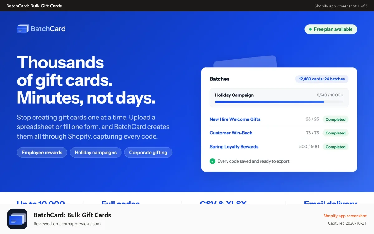 BatchCard: Bulk Gift Cards Shopify app screenshot: BatchCard dashboard with gift card metrics and batch management