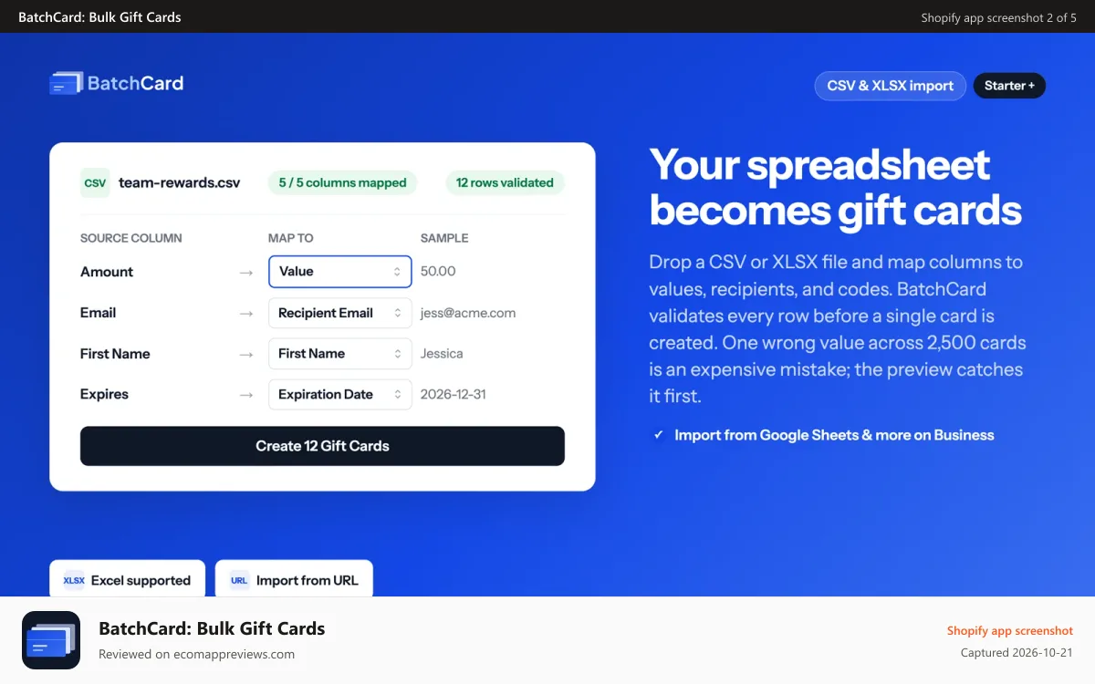 BatchCard: Bulk Gift Cards Shopify app screenshot: CSV and XLSX import with column mapping and row validation