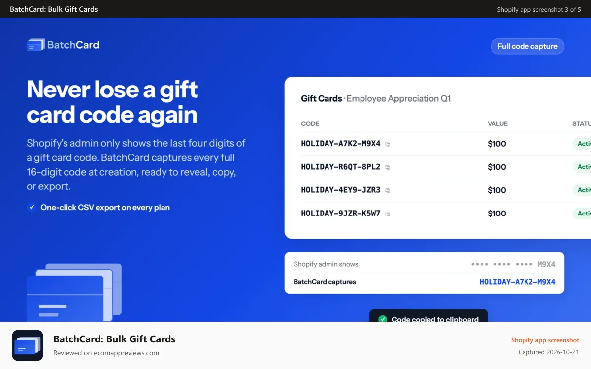 BatchCard: Bulk Gift Cards Shopify app screenshot: Full 16-digit gift card codes captured and ready to export