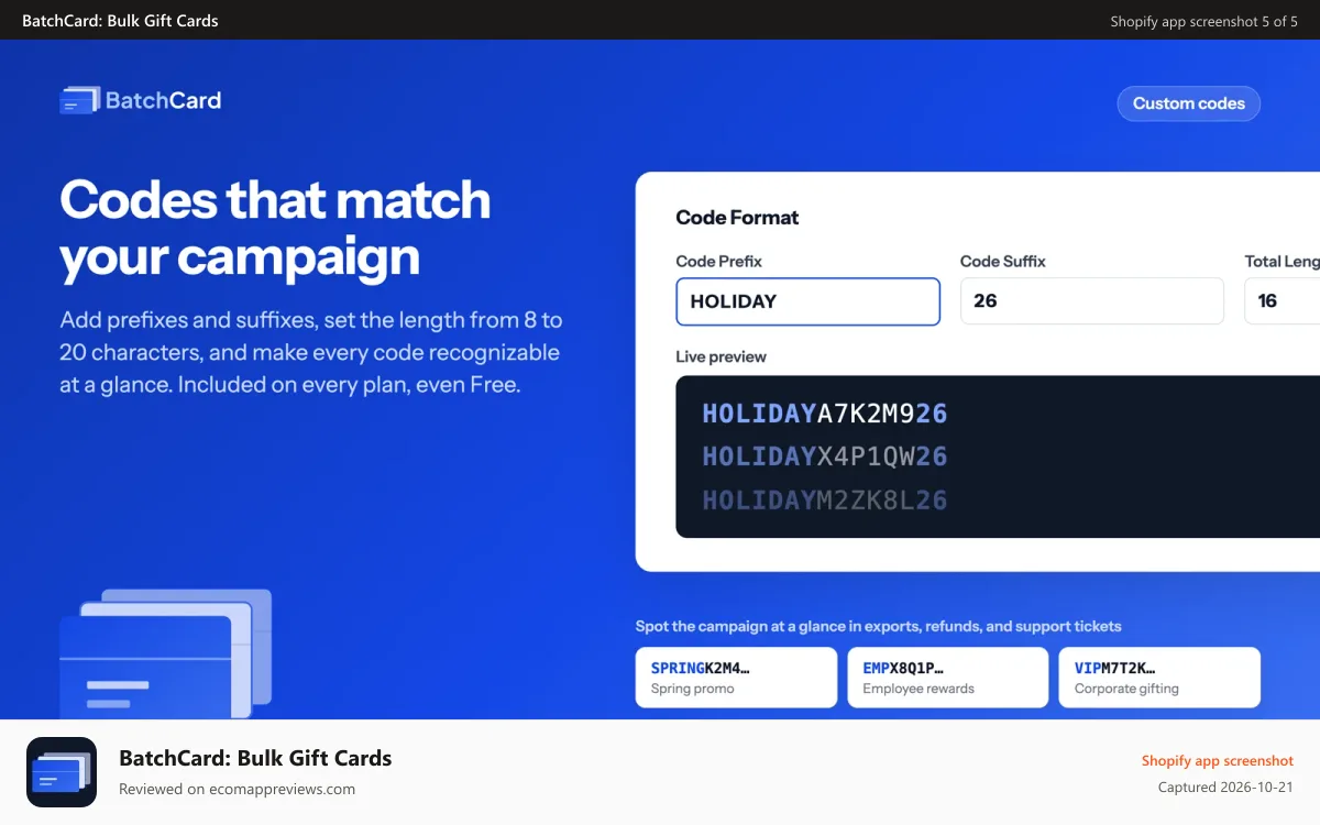 BatchCard: Bulk Gift Cards Shopify app screenshot: Custom gift card code prefixes, suffixes, and live preview