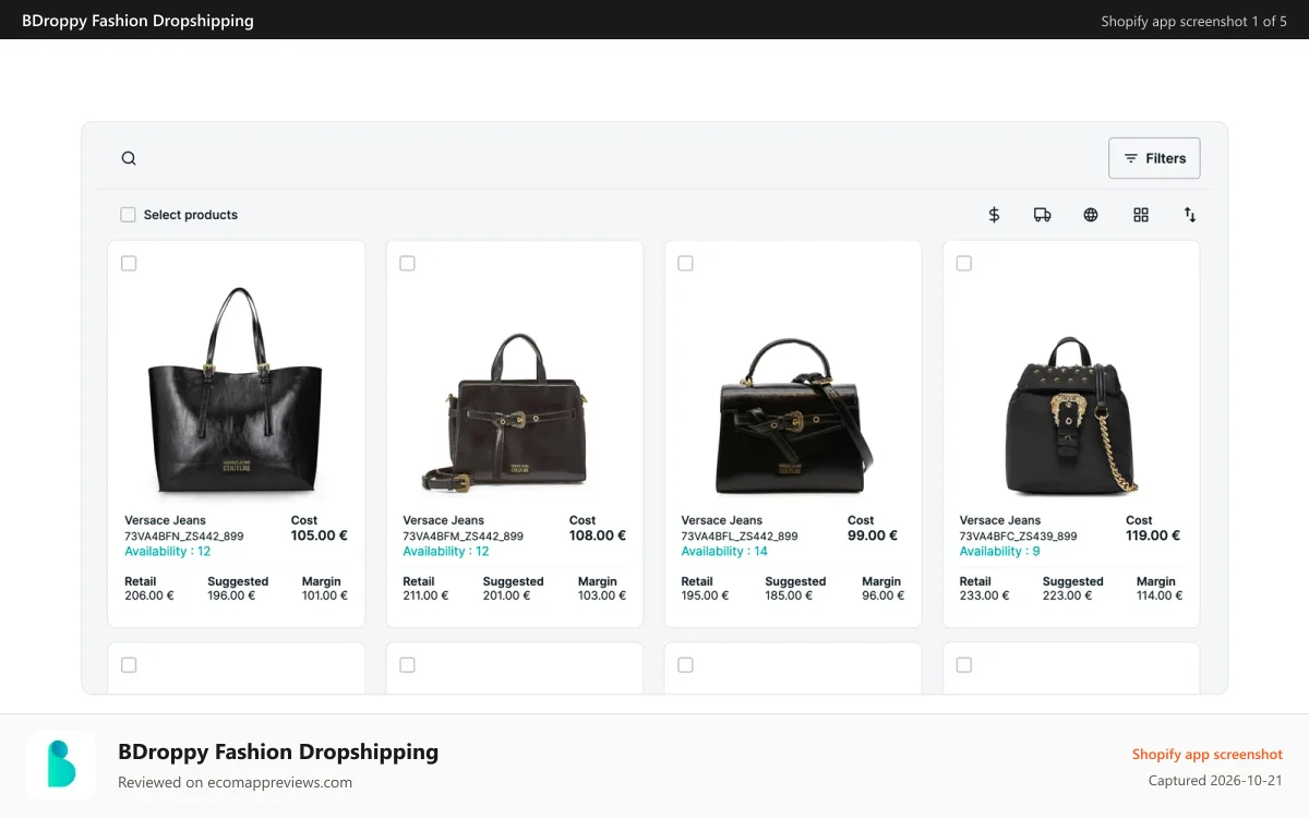 BDroppy Fashion Dropshipping Shopify app screenshot: BDroppy fashion dropshipping supplier of clothing, shoes, bags
