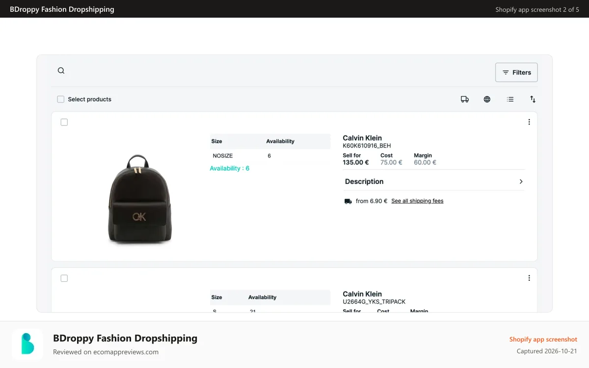BDroppy Fashion Dropshipping Shopify app screenshot: Import fashion products to your Shopify store