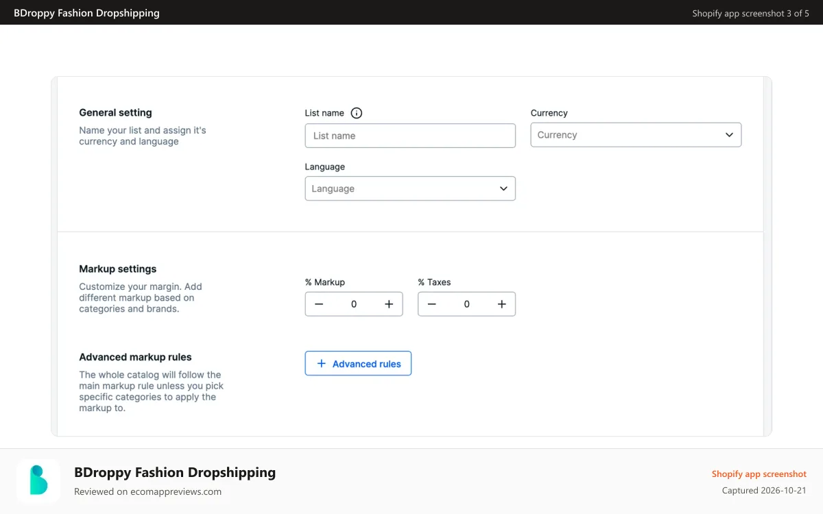 BDroppy Fashion Dropshipping Shopify app screenshot: Customize your margin and markup rules