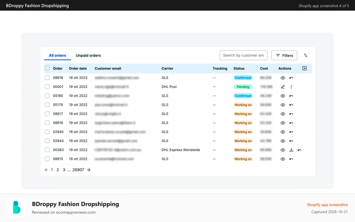 BDroppy Fashion Dropshipping Shopify app screenshot: Real time unlimited orders sync
