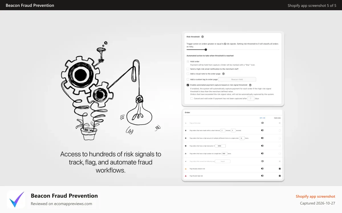 Beacon Fraud Prevention Shopify app screenshot: fraud analysis system settings page