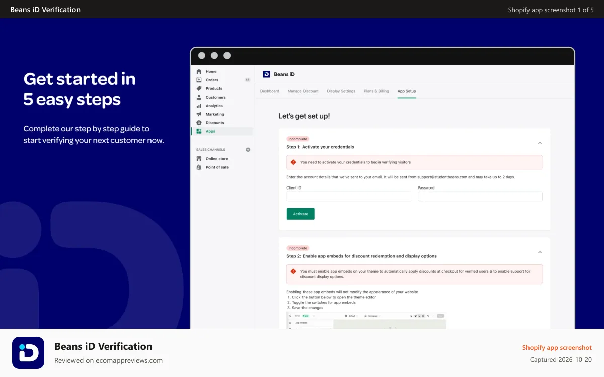 Beans iD Verification Shopify app screenshot: Get started in 5 easy steps