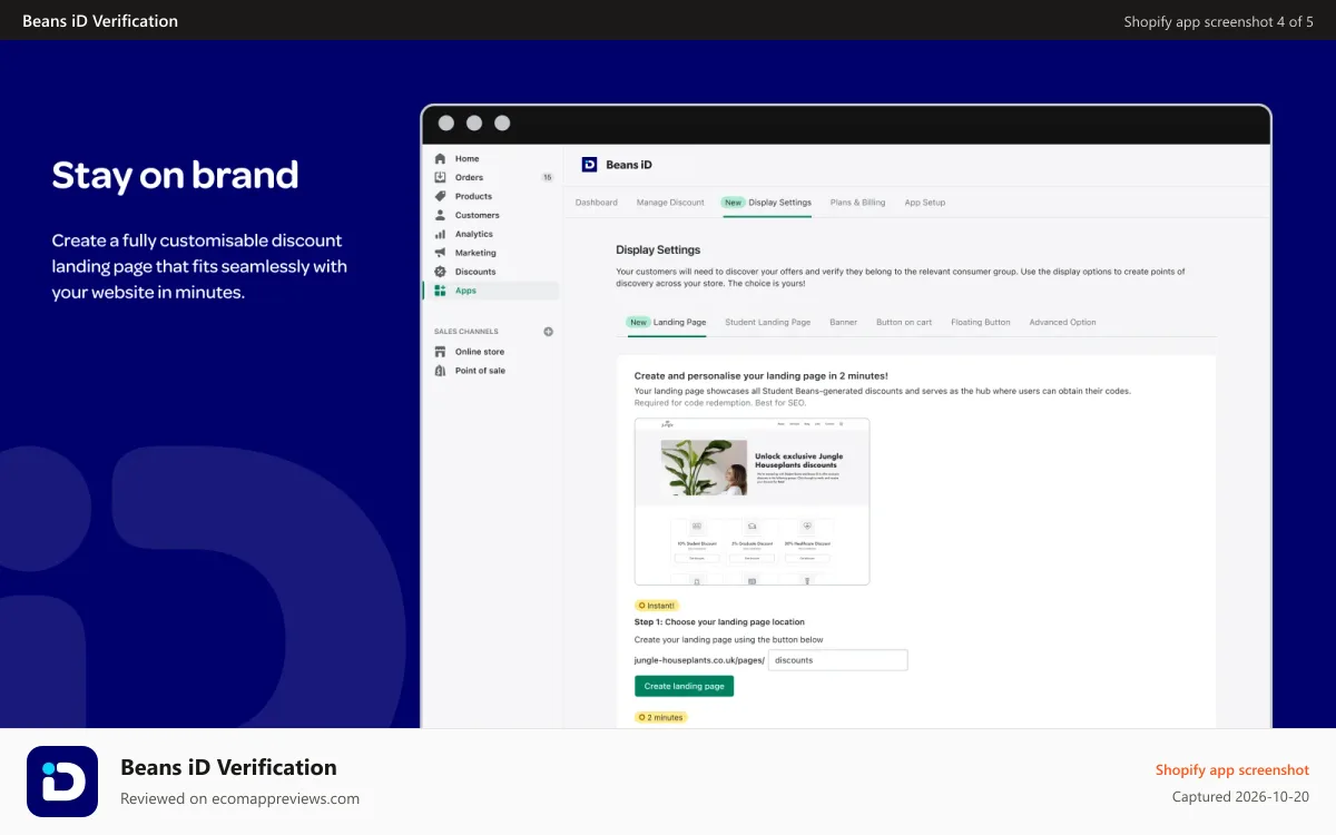 Beans iD Verification Shopify app screenshot: Create a fully customisable discount landing page in minutes