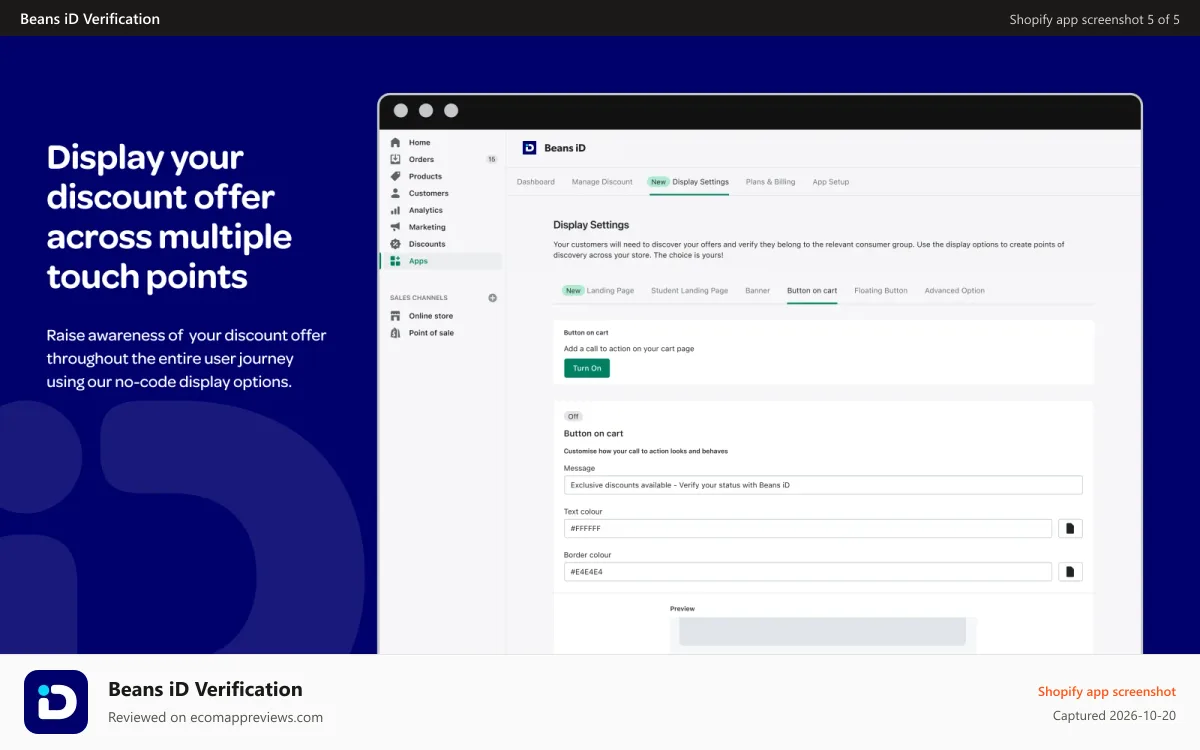 Beans iD Verification Shopify app screenshot: Display your discount offer across multiple touchpoing new users