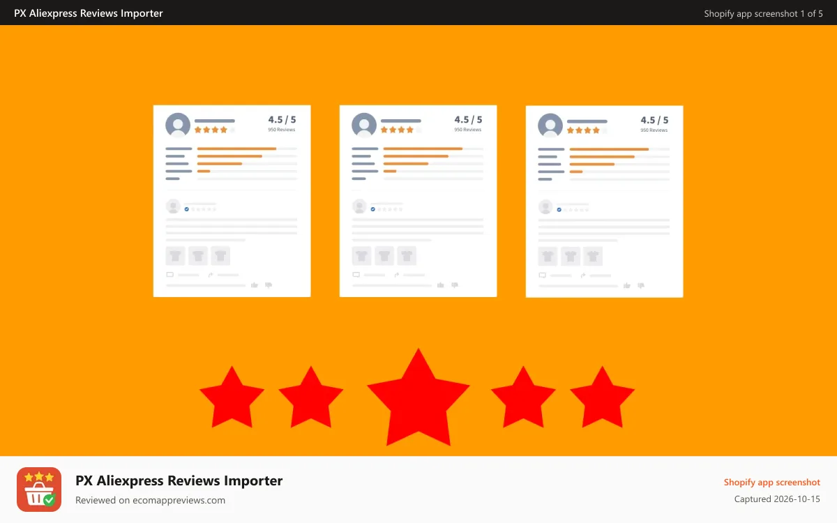 PX Aliexpress Reviews Importer Shopify app screenshot: Import reviews from Aliexpress and Amazon, boosts your sale