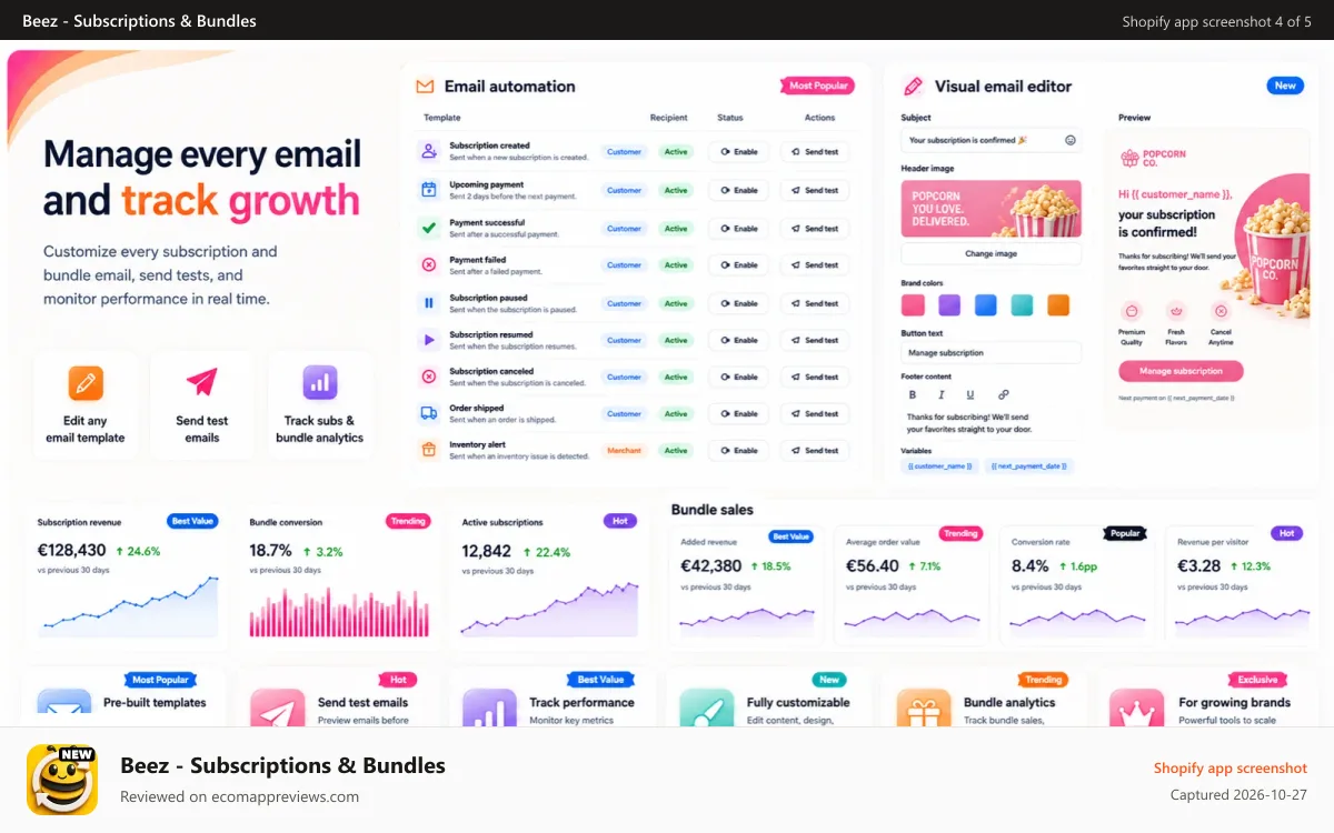 Beez ‑ Subscriptions & Bundles Shopify app screenshot: beez app is a subscription app with several email flows
