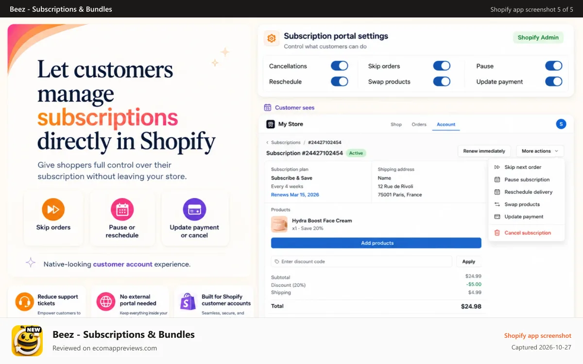 Beez ‑ Subscriptions & Bundles Shopify app screenshot: susbcribee has a self serve portal