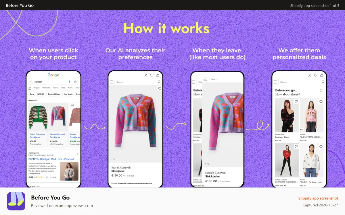 Before You Go Shopify app screenshot: 4-step flow—recover sales without a popup.