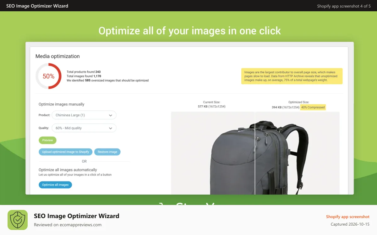 SEO Image Optimizer Wizard Shopify app screenshot: Benchmark Hero - Image Optimizer