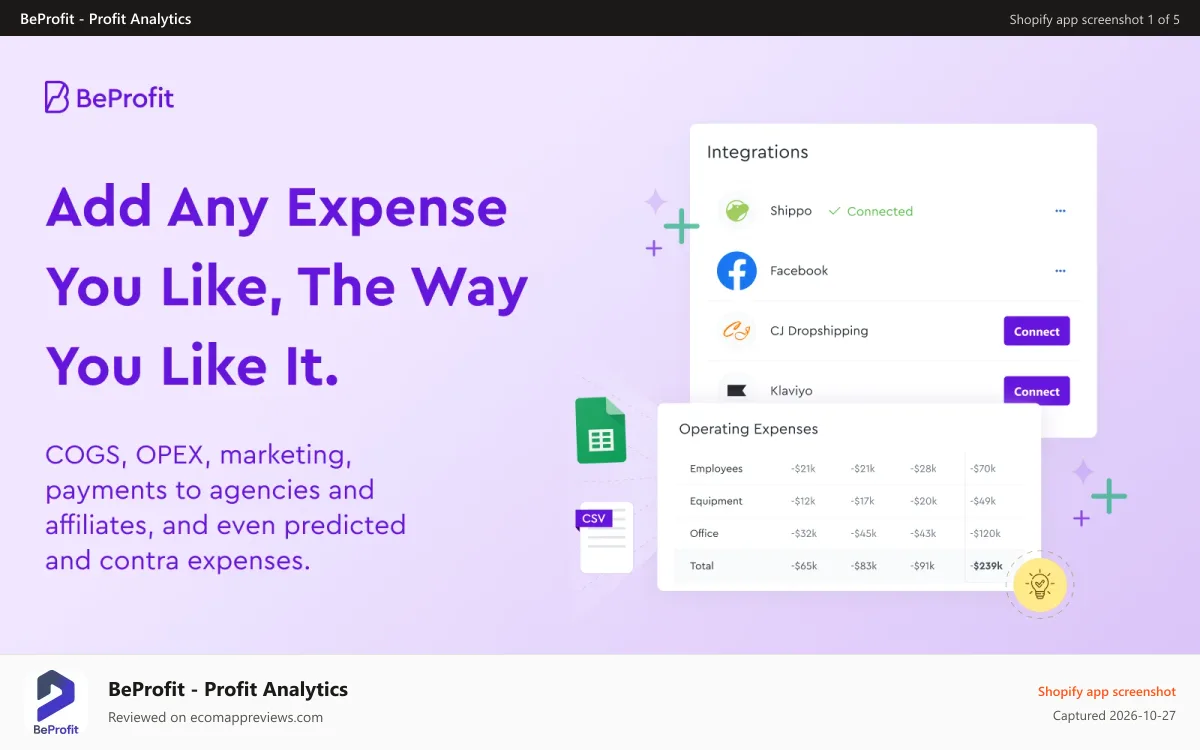 BeProfit ‑ Profit Analytics Shopify app screenshot: Track all your expenses on one robust analytics platform