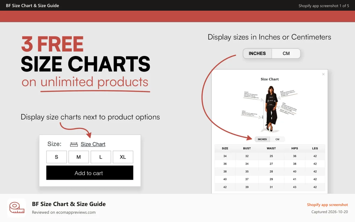 BF Size Chart & Size Guide Shopify app screenshot: Best Fit size charts size guides best shopify app