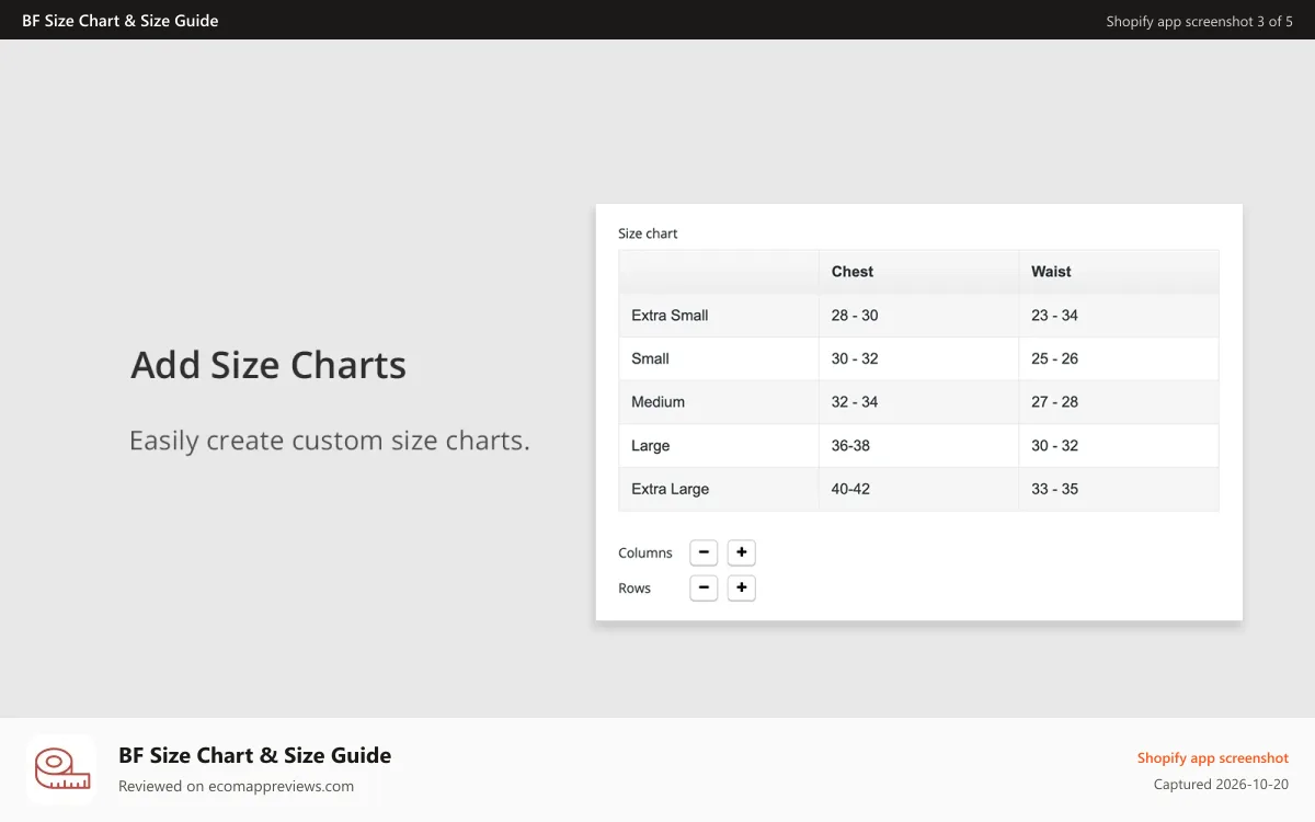BF Size Chart & Size Guide Shopify app screenshot: shopify Size chart app for shopify size chart, size guide,