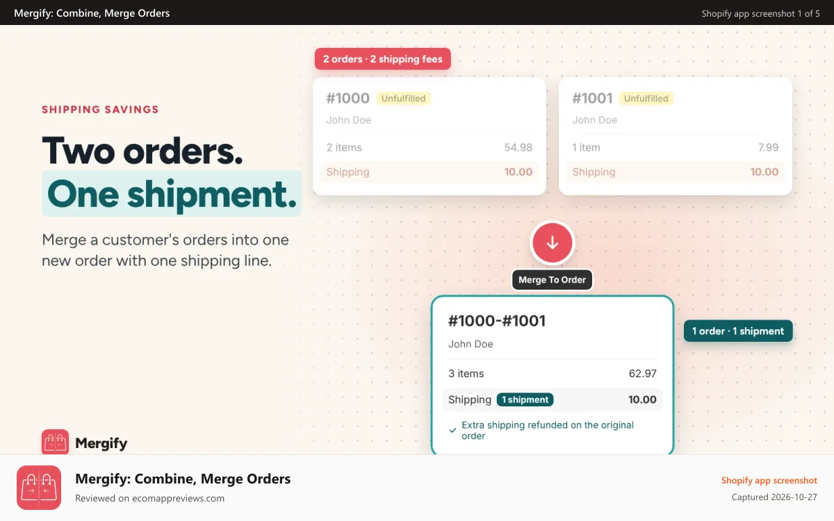 Mergify: Combine, Merge Orders Shopify app screenshot: Mergify merges two orders into one order with one shipping line