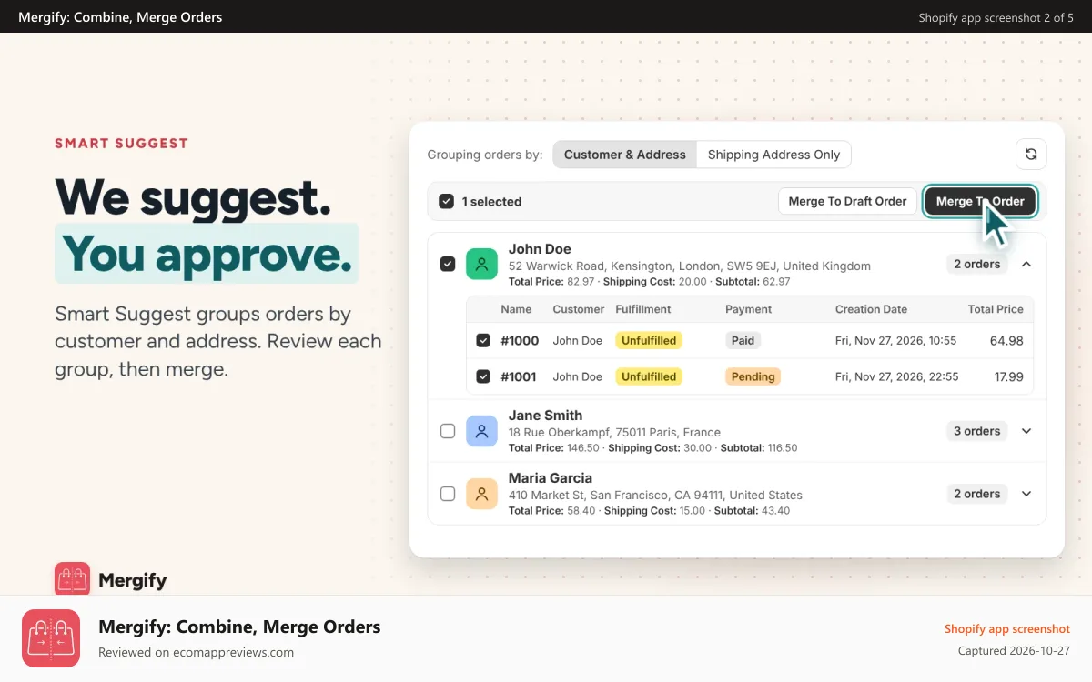 Mergify: Combine, Merge Orders Shopify app screenshot: Mergify Smart Suggest groups orders by customer and address