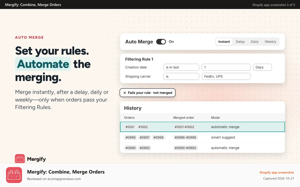 Mergify: Combine, Merge Orders Shopify app screenshot: Mergify Auto Merge combines orders that pass Filtering Rules