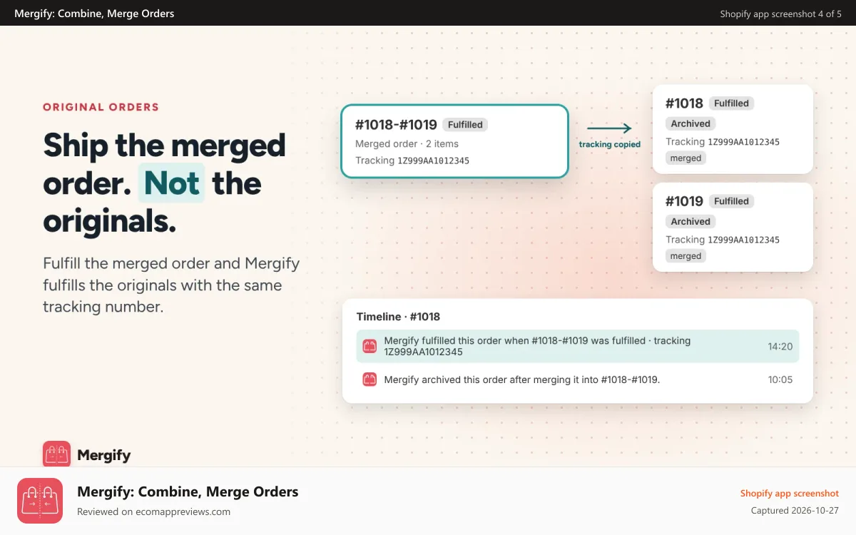 Mergify: Combine, Merge Orders Shopify app screenshot: Mergify fulfills original orders with the merged order tracking