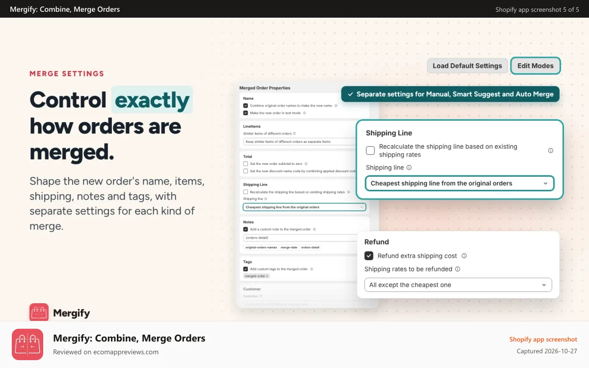 Mergify: Combine, Merge Orders Shopify app screenshot: Mergify Merge Settings: shipping line, refunds and more