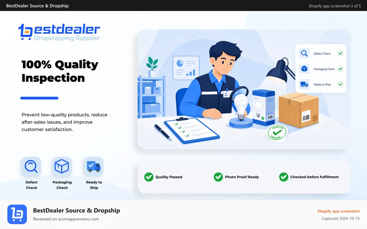 BestDealer Source & Dropship Shopify app screenshot: 100% Quality Inspection